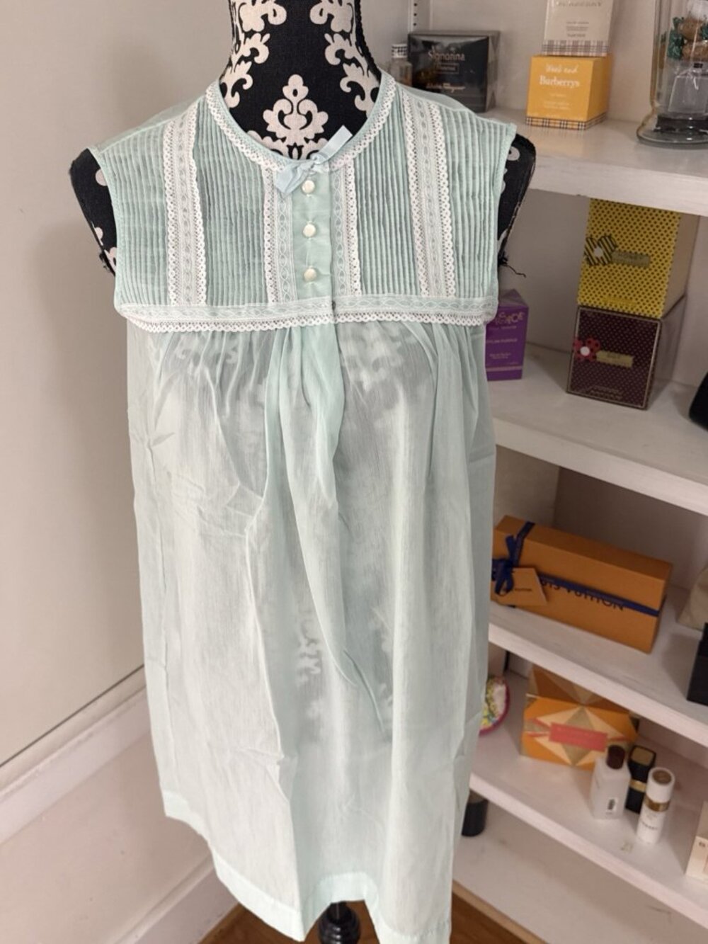 Vintage w/ Tags BARBIZON Nightgown Cotton Lace Pale Green With White Lace Petite